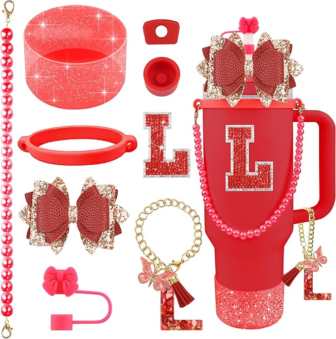 9PCS Red for Stanley Cup Accessories Set Bling Initials Bow Charms for Stanley Decorations 30/40 Oz Tumbler Accessories Including Bow Straw Topper, Handle Strap, Spill Stopper（Letter L）