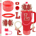 9PCS Red for Stanley Cup Accessories Set Bling Initials Bow Charms for Stanley Decorations 30/40 Oz Tumbler Accessories Including Bow Straw Topper, Handle Strap, Spill Stopper（Letter L）