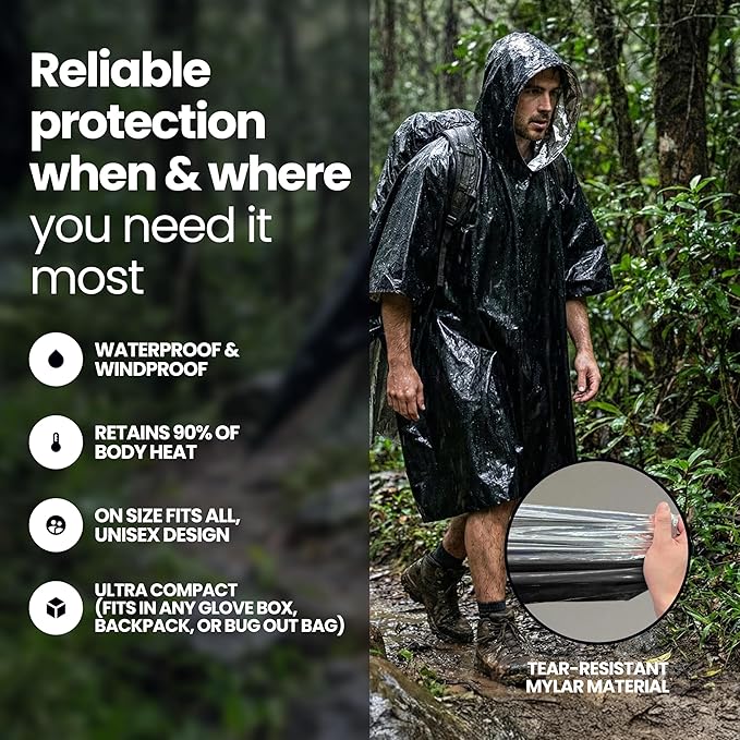 Wallaby 4-Pack Emergency Mylar Ponchos – Universal Fit Thermal Poncho with 90%+ Heat Retention,