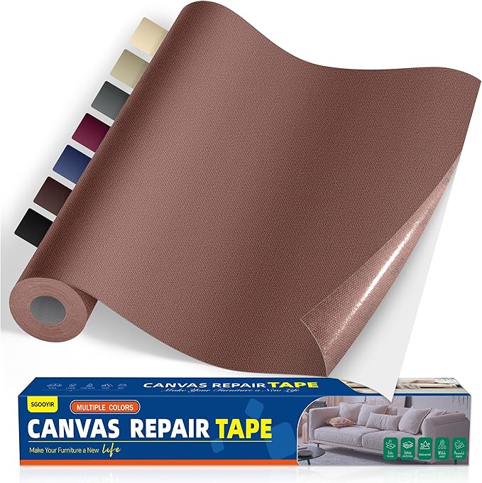 Self-Adhesive Canvas Repair Tape, 16" x 40" Waterproof Canvas Repair Patch, Fabric Patch Repairs Kit for Furniture, Tents, Sunbrellas, Boat Covers Awnings, Couches, Clothes, Bags Dark Brown