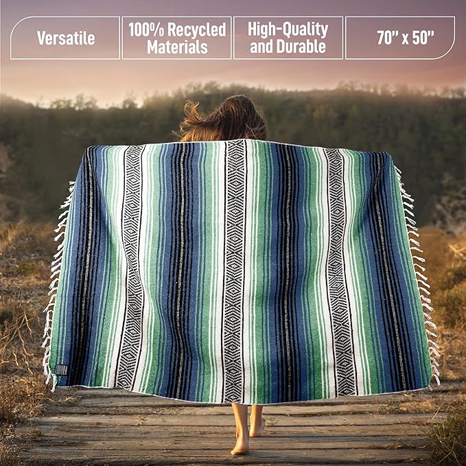 Hydration Nation Authentic Large Handwoven Mexican Blanket - Soft Yoga- Durable Serape- Lightweight Falsa, Beach, Camping, Picnic, Outdoor Blanket 70"x50" - Arctic