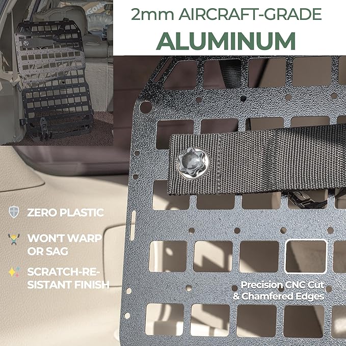 Metal Molle Panel for Vehicles & Trucks Seat Back (1 Seat Kit) – Premium 2mm Aluminum Alloy Organizer Compatible with Molle/PALS Gear, Heavy-Duty Car Storage