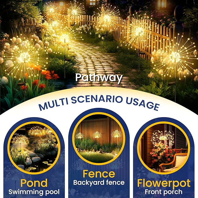 GIGALUMI Garden Decor Outdoor Lights 120LED 6Pack, Solar Garden Lights Outside Fairy Firework Decorative,Solar Powered for Yard Pathway Flowerbed Planter Balcony Patio 4th of July Decor (Warm White
