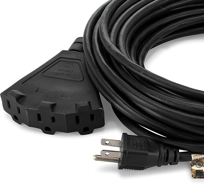 Holiday Lighting Outlet 50-Foot Black Extension Cord, 3-Prong Indoor & Outdoor Splitter, Perfect for Landscape Lighting