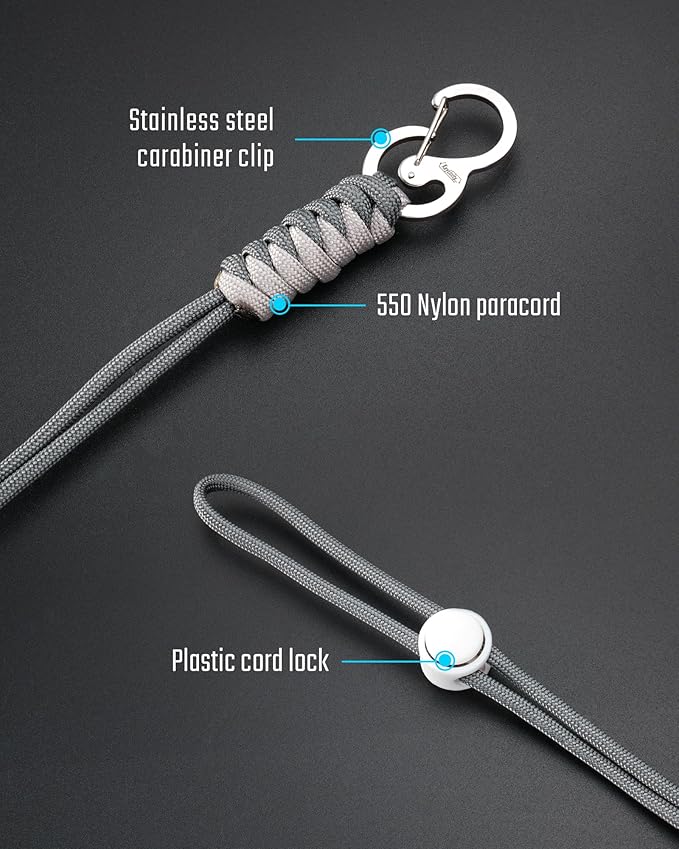KeyUnity KC01 Braided Paracord Carabiner with Cord Lock, Keychain Phone Camera Bag Wrist Hand Strap for Daily & Outdoor