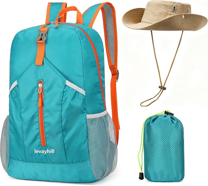 levayhill 25L Foldable Backpack & Bucket Hat 2 IN1 Combo, Lightweight packable Travel Set, Compact Daypack Sun Fisherman Hat (Lake Blue)