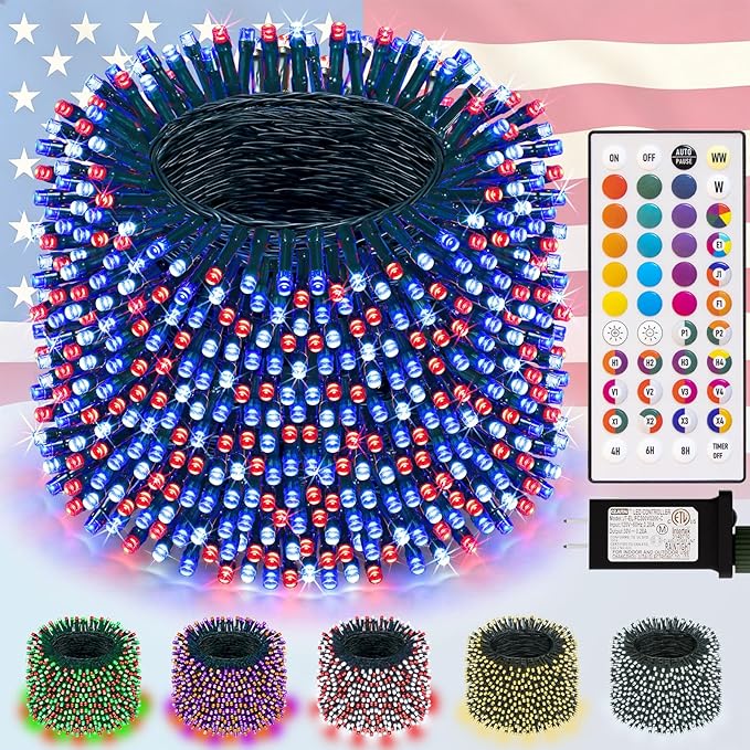 LitHome 66FT 200 LED Color Changing Christmas String Lights Outdoor, 35 Colors 9 Modes Connectable Red White and Blue Lights with Remote, Patriotic Light Plug in Green Wire for Tree 4th of July Decor
