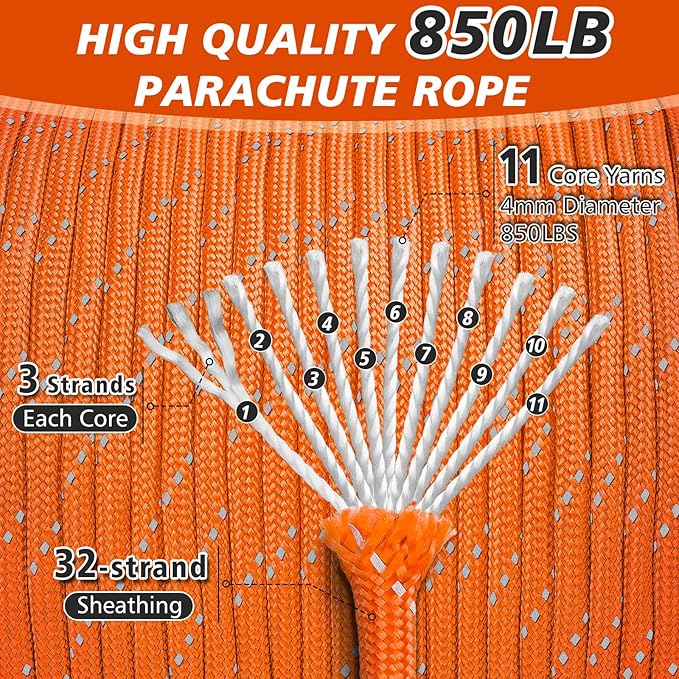 Reflective Parachute Rope 850Ib, 50/100/200/500/1000ft 4MM 11 Strand Strong Heavy-Duty Paracord Spool Cord, para Cord Lanyard for Clothsline, Hammock, Camping, Hiking, Orange 1000FT
