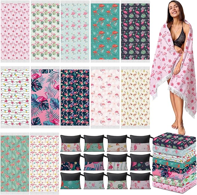 Peryiter 24 Pack Microfiber Oversize Turkish Beach Towel Set 12 Large Absorbent Beach Towels with 12 Storage Bag 28 x 55 Quick Dry Lightweight Bath Towel Blanket for Hawaii Camp Swim Pool(Flamingos)