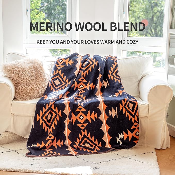 ACUSHLA Merino Wool Blend Blanket - Soft Warm Thick Washable Bed Couch Outdoor Camp Travel Car Blanket Throw All Weather, Morocco Navy Blue 63"x51"