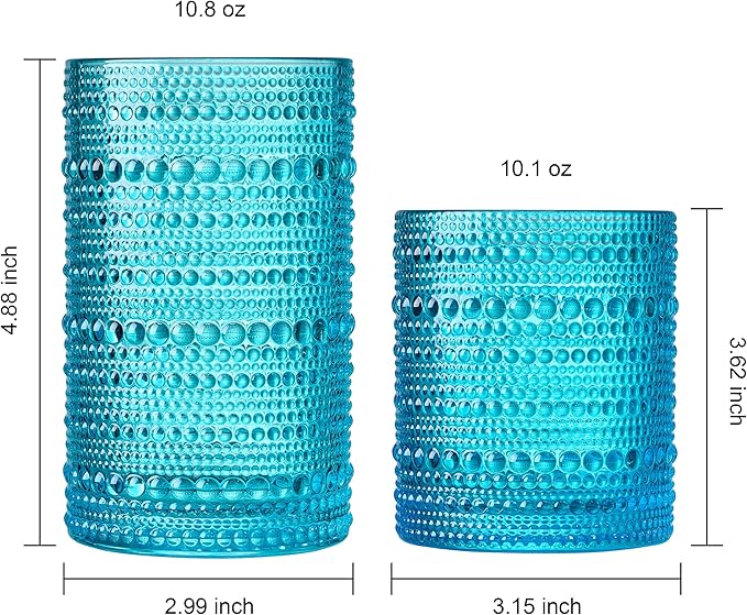 Khen Hobnail Beaded Highball Drinking Tumbler Glasses | Set of 12 | Autumn Colors Vintage Bubble Design Whiskey Glassware, Old-Fashioned, Embossed Design Water, Wine, Cocktail Rocks Glasses