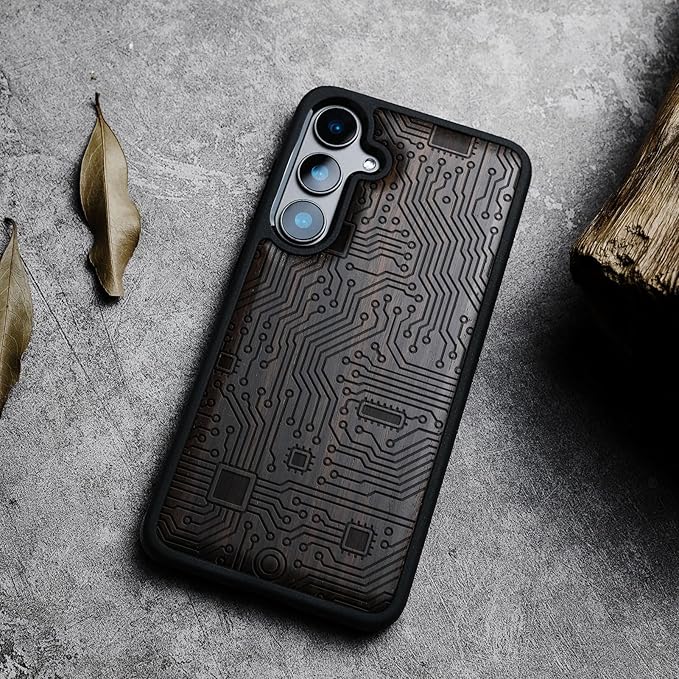 Carveit Wood Case for Galaxy S24 Plus Case [Natural Wood & Black Soft TPU] Shockproof Protective Cover Unique Wooden Design Compatible with S24 Plus (Motherboard-Blackwood)