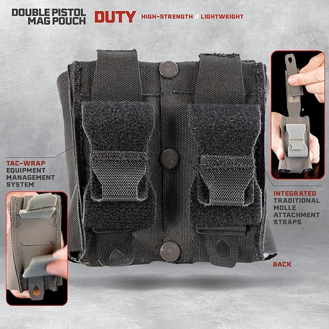 Double Pistol Magazine Pouch, Black, High-Strength Laminate Material, MOLLE Compatible, Magazine Retention System