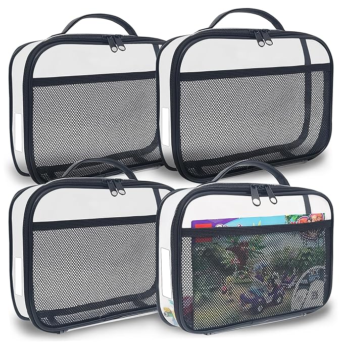 holay 4 Packs PVC Toy Storage Organizer with Zipper, Name Tag & Manual Pocket, Clear Durable Case for Blocks, Clay, Board Games, Travel (Black, Small)