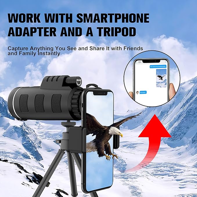 40x60 High Definition Monocular Telescope with Smartphone Adapter, BAK4 Prism FMC Monocular with Clear Low Light Vision for Wildlife Hunting Camping Travelling（LD006-00A-PDQ-1）