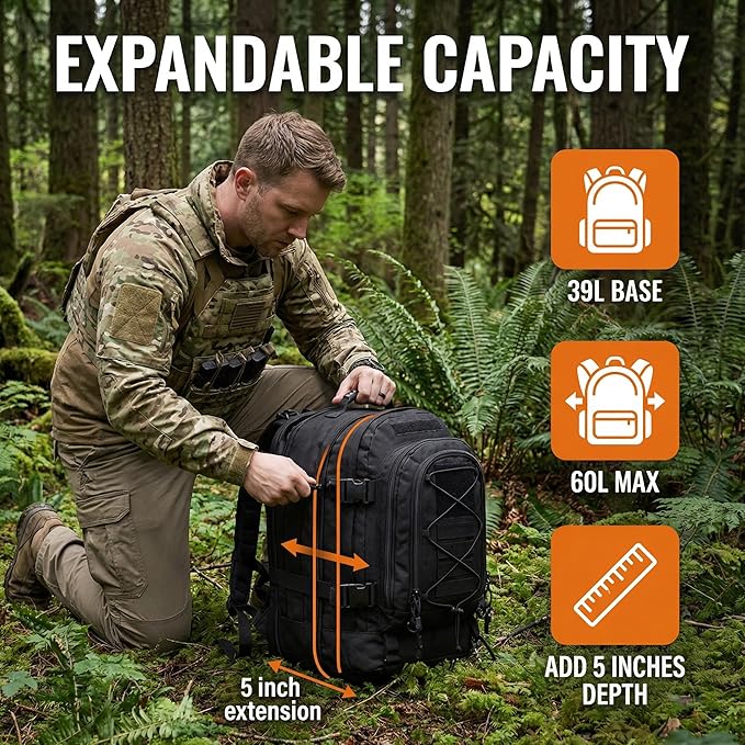 Large Military Bug Out Bag 3 Day Pack Expandable Backpack Army Daypack for Outdoor Hiking Hunting (Black)