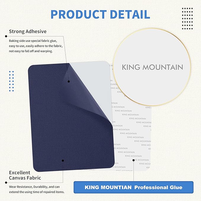 KING MOUNTAIN Canvas Repair Patch 9 x11 Inch 2 Pcs Self-Adhesive Waterproof Fabric Patch for Sofas, Tents, Furniture,Tote Bags, Car Seats (Dark Blue)