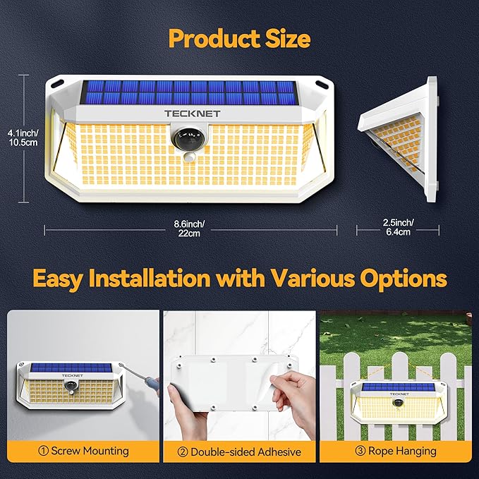 TECKNET 416 LED Solar Powered Outdoor Lights, 270° Angle & 3 Lighting Modes Motion Sensor Light Outdoor, Security Solar Lights Waterproof - 2 Pack, White Color & Warm Light