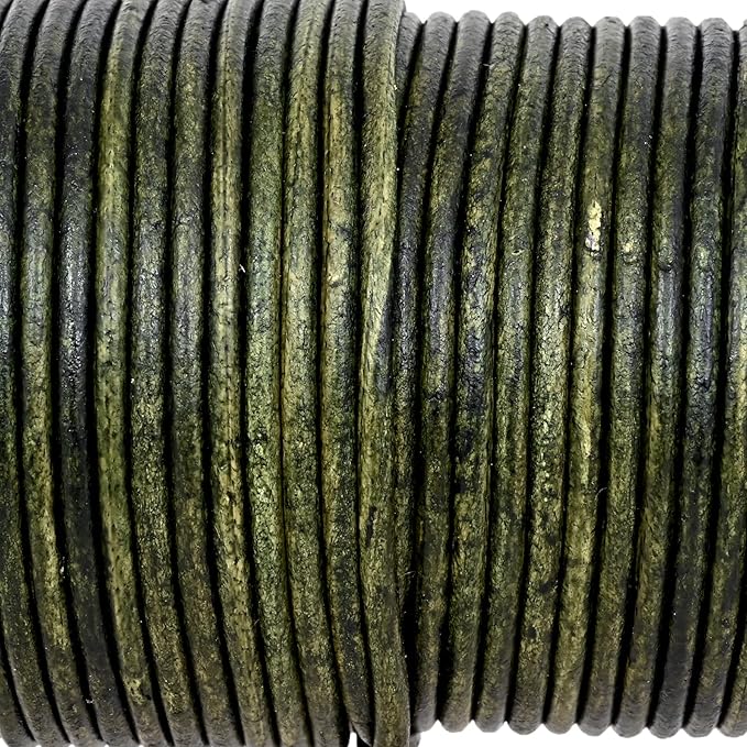 GENIQUE Real/Genuine Round Leather String Cord for Necklace, Bracelets, Jewelry, Kumihimo Braiding, DIY Projects (20 Metres) (2mm, Green Distressed)