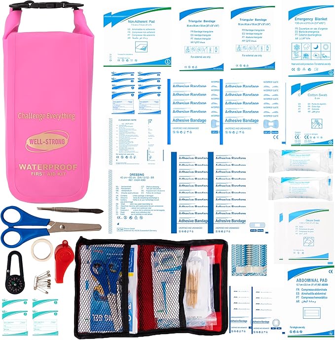 Boat First Aid Kit Waterproof, WELL-STRONG Marine Emergency Kit with Roll Top Dry Bag for Boating Fishing Kayaking – Water-Resistant Contents for Camping & Beach（Transparent Pink）