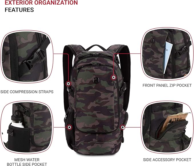 SwissGear 3598 Backpack, Narrow Daypack, Ideal for Commuting and School, Camo/Green