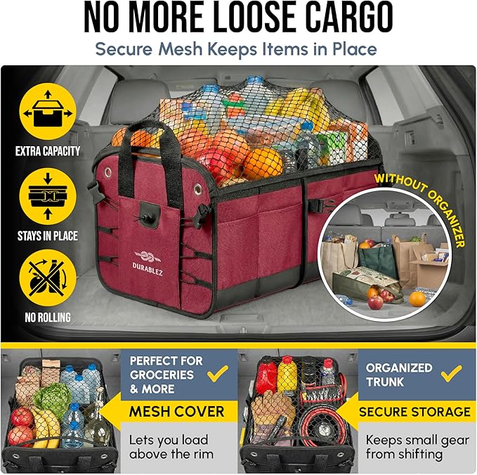 5-Section Trunk Organizer for SUV, Truck, Sedan, Van – Modular Extra Large Cargo Storage Bin, Detachable Car Trunk Organizer with Dividers, Collapsible Auto Organization System – Cherry Red