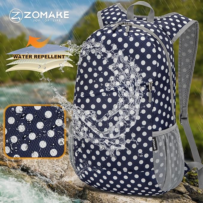 ZOMAKE Lightweight Packable Backpack,Foldable Backpacks Small Daypack for Hiking Water Resistant Day Bag for Travel(Navy Blue,White polka dots)