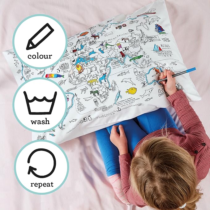 eatsleepdoodle - Coloring Pillowcase for Kids – Reusable DIY Pillow Cover with Washable Markers, Educational Arts & Crafts Activity for Boys & Girls, Fun Gift for Creative Play, Machine Washable