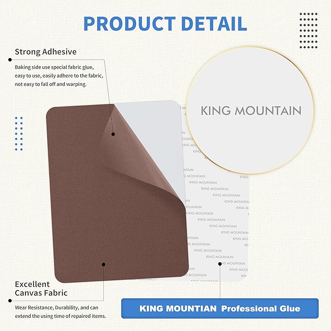 KING MOUNTAIN Canvas Repair Patch 9 x11 Inch 2 Pcs Self-Adhesive Waterproof Fabric Patch for Sofas, Tents, Furniture,Tote Bags, Car Seats (Brown)
