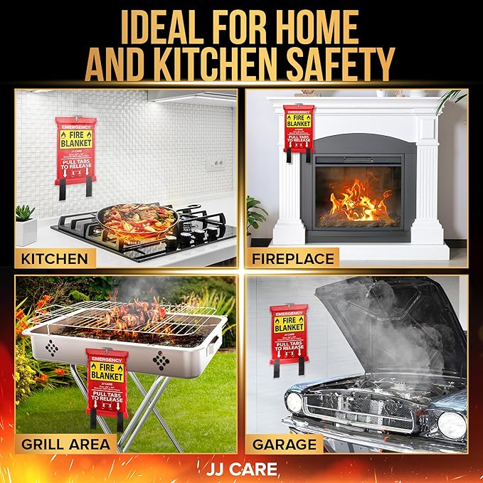 JJ CARE Fire Blanket – 10 Packs with Hooks and Gloves – 40” x 40” Fire Blankets Emergency for Home and Kitchen, High Heat Resistant and Flame Protection for Kitchen, Car, Office, Camping & Home Safety