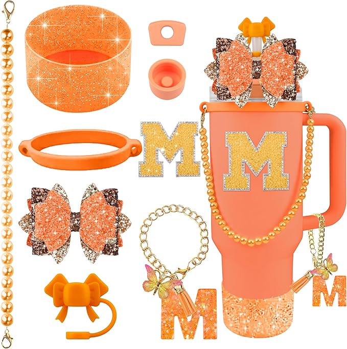 9PCS Orange for Stanley Cup Accessories Set Bling Initials Bow Charms for Stanley Decorations 30/40 Oz Tumbler Accessories Including Bow Straw Topper, Handle Strap, Spill Stopper（Letter M）