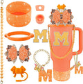 9PCS Orange for Stanley Cup Accessories Set Bling Initials Bow Charms for Stanley Decorations 30/40 Oz Tumbler Accessories Including Bow Straw Topper, Handle Strap, Spill Stopper（Letter M）