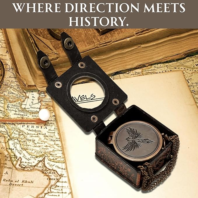 Handmade Brass Antique Compass with Leather Case – Vintage Finish Functional Pocket Navigation Tool for Travel, Hiking & Gift
