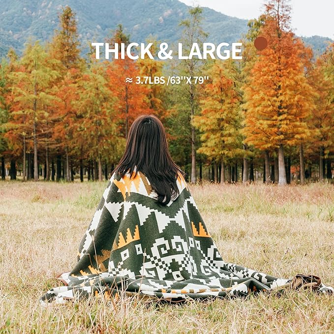 ACUSHLA Merino Wool Camp Blanket - Warm Thick Washable Large Outdoor Camping Sleeping Throw Blanket All Weather Aztec Style 63''X79''
