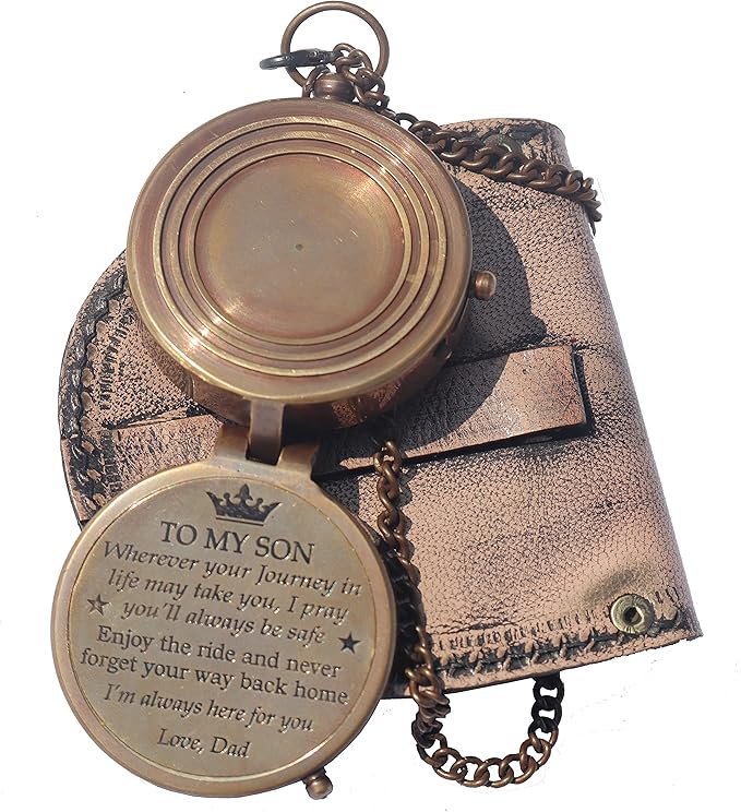 Brass Engrved Compass for Men, Pocket Compass with Leather Case, Antique Handmade Religious Gift Idea for Graduation, Communion, Baptism (to My Son, Love Dad)