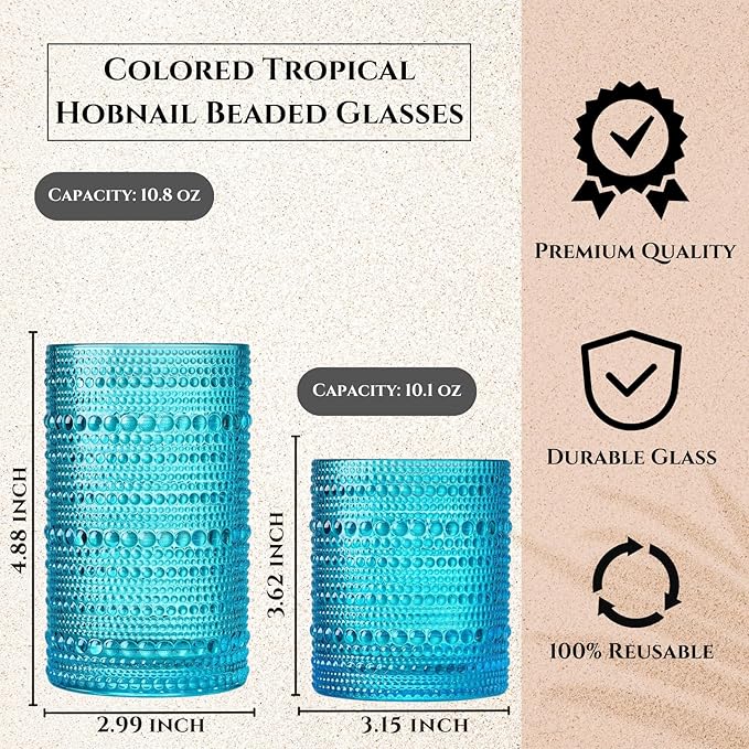 Khen Hobnail Beaded Highball Drinking Tumbler Glasses | Set of 12 | Autumn Colors Vintage Bubble Design Whiskey Glassware, Old-Fashioned, Embossed Design Water, Wine, Cocktail Rocks Glasses