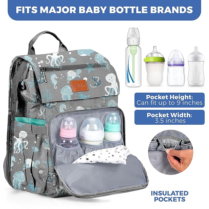 PILLANI Baby Diaper Bag Backpack - Backpack Diaper Bag w/Large Capacity - Baby Shower Gifts - Waterproof Travel Diaper Bags w/Changing Pad, Insulated Bottle Holders, Padded Straps - Baby Boy Stuff