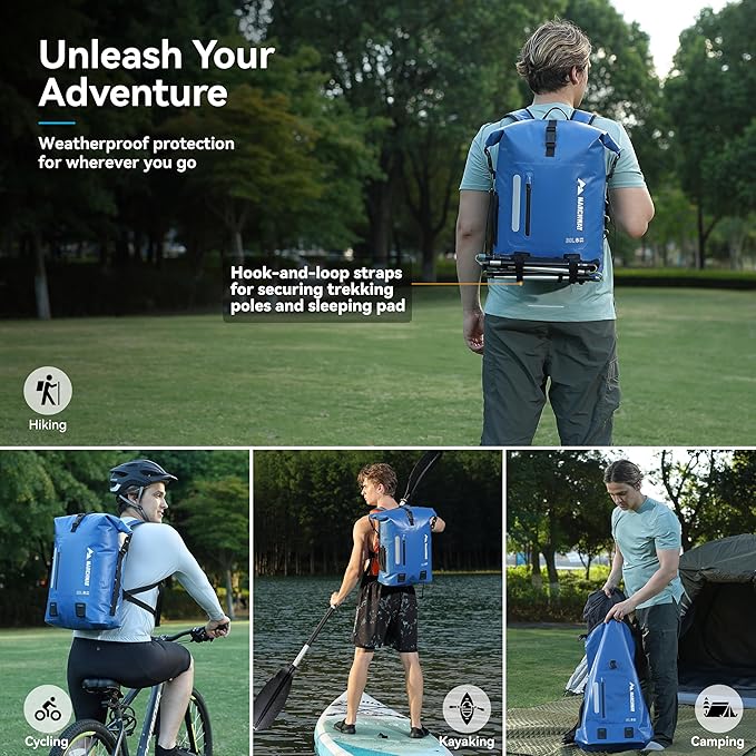 MARCHWAY Roll Top Waterproof Backpack, Floating Dry Bag 20L/30L/45L with Ergonomic Rectangular Base, Cushioned Back, Hip Strap for Hiking Camping Kayaking Travel (Blue, 45L)