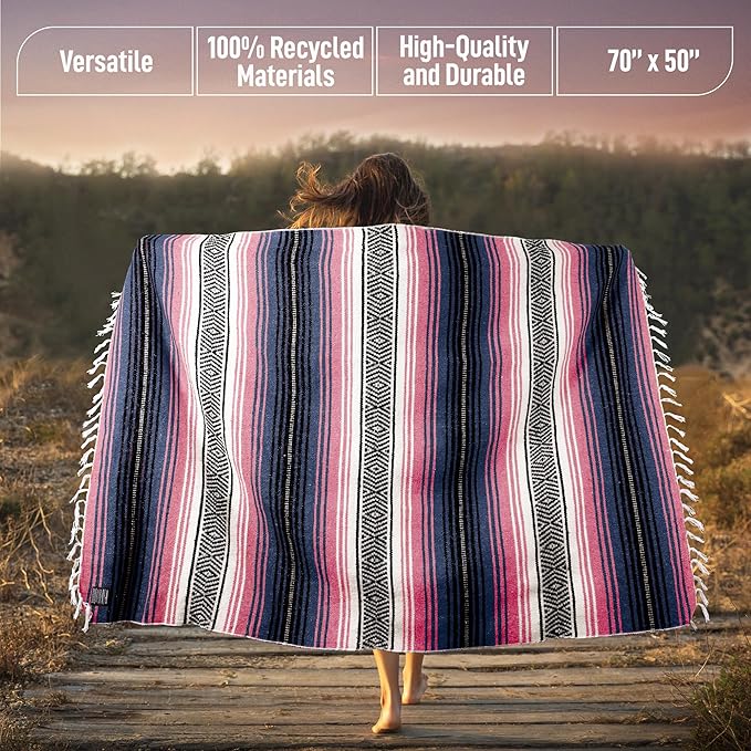 Hydration Nation Authentic Large Handwoven Mexican Blanket - Soft Yoga- Durable Serape- Lightweight Falsa, Beach, Camping, Picnic, Outdoor Blanket 70"x50" - Rose Pastel