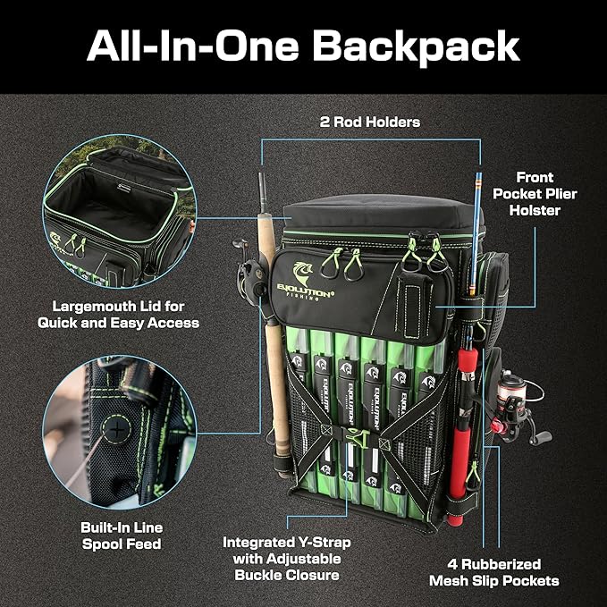 Evolution Fishing Drift Series Tackle Backpack, Outdoor Rucksack w/ 6 Fishing Tackle Trays, Heavy Duty