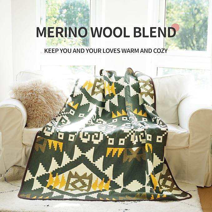 ACUSHLA Merino Wool Blanket - Soft Warm Thick Bed Couch Camp Outdoor Sleeping Blanket Throw All Weather, Aztec Style Green 63" x 51"