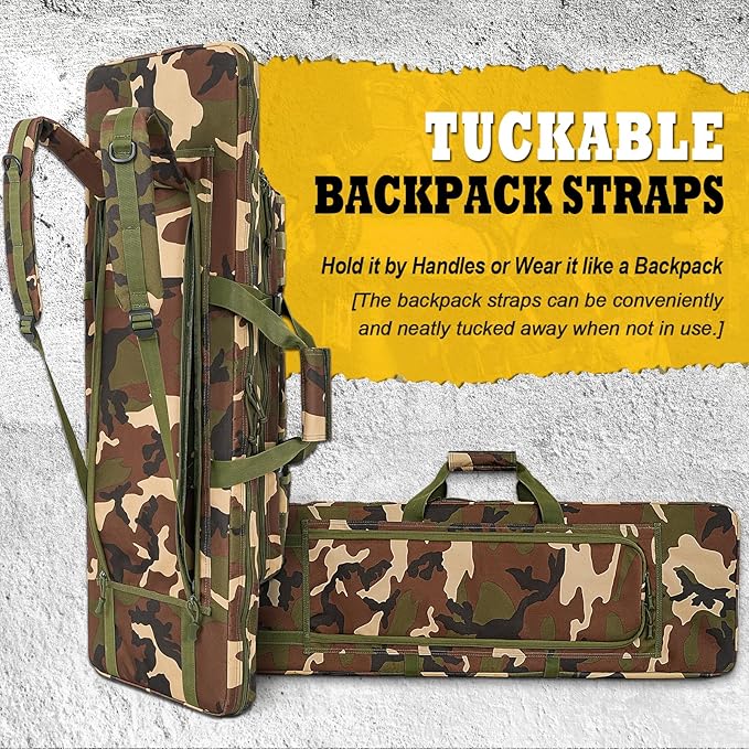 DULCE DOM 36 42 48 Inch Double Rifle Case, Tactical Soft Padded Backpack for Hunting & Shooting Range, Heavy-Duty Storage Gun Bag for 2 Rifles & Pistols with Lockable Zippers & MOLLE System
