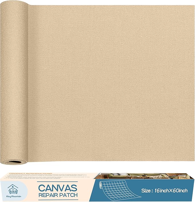 KING MOUNTAIN Canvas Repair Patch 16×60 Inch Self-Adhesive Waterproof Fabric Patch for Sofas, Tents, Furniture,Tote Bags, Car Seats (Khaki)