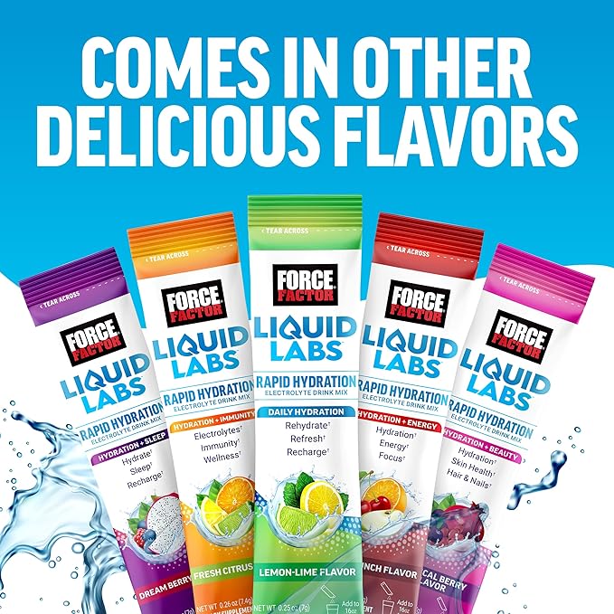 Force Factor Liquid Labs Electrolytes Powder Packets—Lemon Lime—Hydration Packets to Make Electrolyte Water with 5 Essential Electrolytes, Vitamins, Minerals, and Antioxidants, 20 Stick Packs