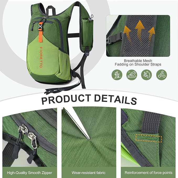 FIORETTO 20L Hiking Backpack for Women Men Mini Packable Backpack Lightweight Small Daypack for Camping Travel Outdoor, Green