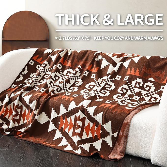 ACUSHLA Merino Wool Camp Blanket - Soft Warm Thick Washable Large Bed Couch Outdoor Camping Sleeping Travel Throw Blanket All Weather, Aztec Brown 79X63