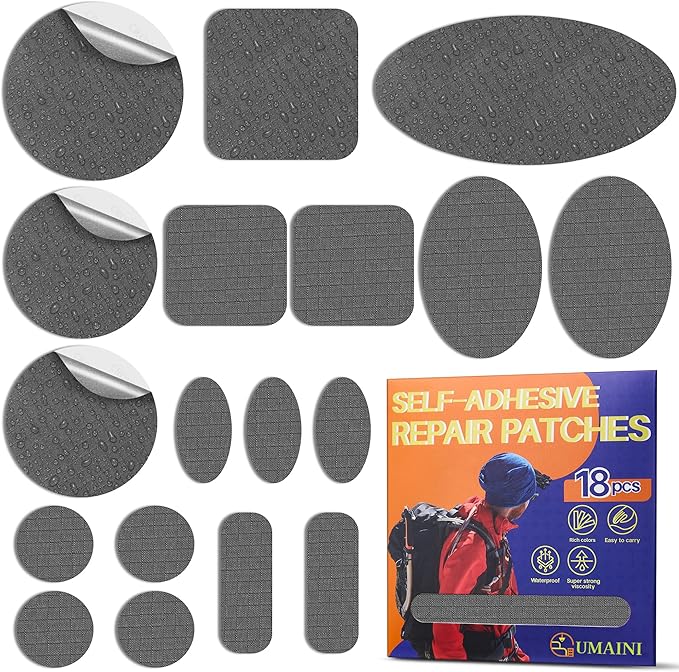 Down Jacket Repair Patch Kit, Outdoor Gear Tenacious Repair Tape, Self Adhesive Fabric Patches for Clothes, Waterproof Ripstop Nylon Fabric Patch for Puffer Jacket, Coat, Tent (18 Pcs, Black Gray)