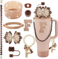 9PCS Brown for Stanley Cup Accessories Set Bling Initials Bow Charms for Stanley Decorations 30/40 Oz Tumbler Accessories Including Bow Straw Topper, Handle Strap, Spill Stopper（Letter F）