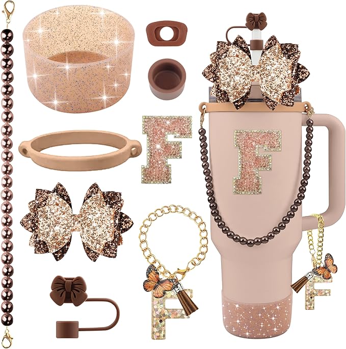 9PCS Brown for Stanley Cup Accessories Set Bling Initials Bow Charms for Stanley Decorations 30/40 Oz Tumbler Accessories Including Bow Straw Topper, Handle Strap, Spill Stopper（Letter F）
