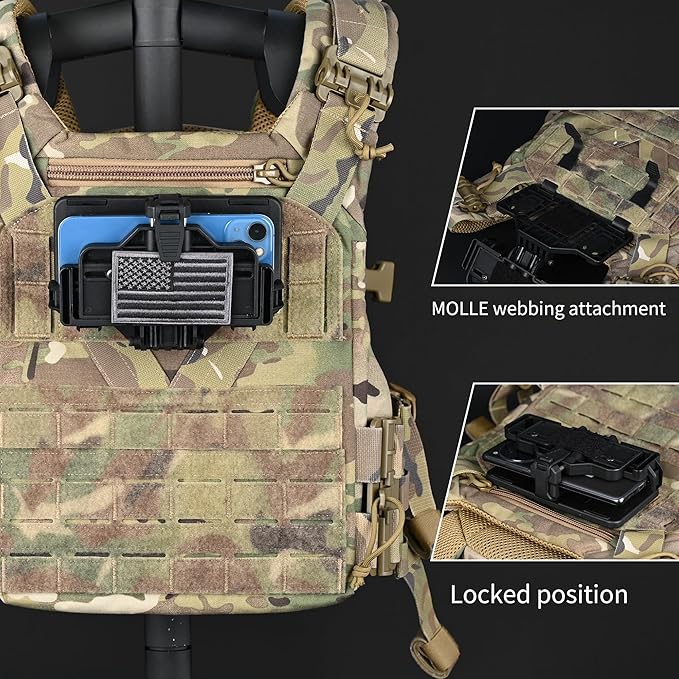 Tactical Gear Plate Carrier Vest Accessories, MOLLE Phone Chest Mount Holder for 6.0"-7.7" Screens, Quick-Release and Adjustable Tactical Phone Holder for Police Vest